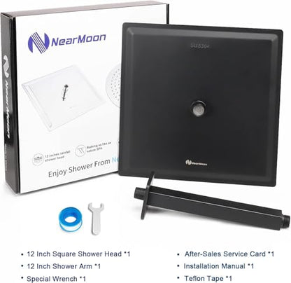 NearMoon Rain Shower Head With Shower Arm, Ceiling Mount Square Shower, Stainless Steel Ceiling Rainfall Showerhead- Waterfall Full Body Coverage (12 Inch, Matte Black) - color: Matte Black, size: 12 Inch
