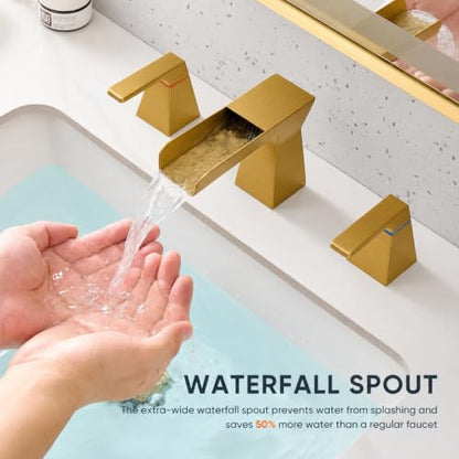 Brushed Gold Waterfall Bathroom Faucet for 3-Hole Sinks 8 Inch Widespread Vanity Faucet with Sculptural Trapezoid Body, Two Handles, Pop-Up Drain & Hoses - color: B - Brushed Gold