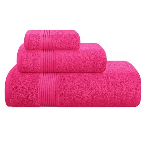 Belizzi Home Ultra Soft 3 Pack Cotton Towel Set, Contains a Bath Towel 28x55 inch, a Hand Towel 16x24 inch & a Wash Coth 12x12 inch, Ideal Everyday use, Compact & Lightweight - Hot Pink - color: Hot Pink, size: 3 Pack Towel Set