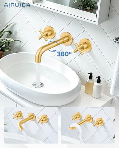 Airuida Solid Brass Brushed Gold Wall Mount Bathroom Faucet | 360° Swivel Spout,Rough in Valve,2 Cross Handle,3 Hole,Widespread - color: Brushed Gold