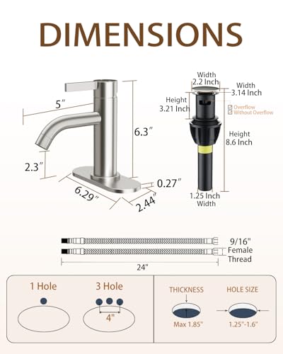 Brushed Nickel Bathroom Faucet Single Hole with Pop-Up Bathroom Drain and Flexible Hoses Single Handle Bathroom Sink Faucet w/Deck Plate(1 or 3 Hole) for Vanity Sinks, RV, Farmhouse - color: Brushed Nickel