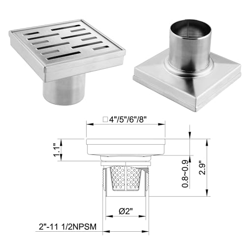 Square Shower Drain 4 inch, Brushed Nickel 304 Stainless Steel Floor Drain for Bathroom, Removable Tile Insert Grate Includes Hair Strainer - color: Brushed Nickel