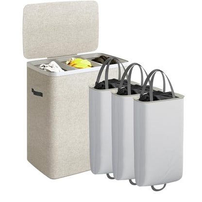 CASAMAYA Laundry Basket with Lid, Laundry Hamper 3 Section, 190L collapsible Laundry Organizer, Easy Assembly, with Handles and Removable Liners, 25.2 x 15.7 x 29.5 Inches, Beige JSP904M - color: Beige, size: 190L(3-Section)