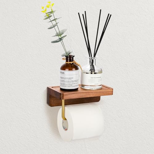 Walnut Toilet Paper Holder Wall Mount with Storage Shelf, Wooden Tissue Paper Roll Holder with Polished Gold Bar, Polished Brass Accessories for Bathroom, Washroom Décor(Groove Surface, 1 ROLL) - color: Groove Surface, size: 1 ROLL
