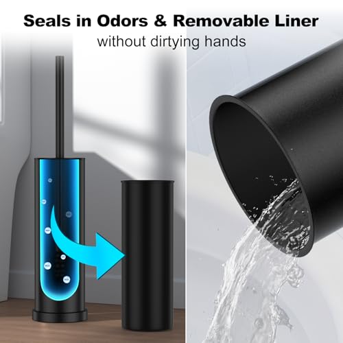 Black Toilet Brush and Holder Set，Stainless Steel Heavy Duty Toilet Bowl Brush，Extra Long Handled Modern Toilet Cleaner Brush with Replaceable Head, Removable Inner Bowl, and Splash Protection - color: Black, size: 1 Pack