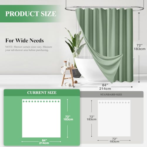 Extra Wide Waffle Shower Curtain Set with Liner 84x72 Sage Green | 84 Inch Wide, Waterproof Clear PEVA Liner, 256GSM Heavy Duty Fabric, Hotel Luxury Shower Curtains for Bathroom, 14 Hooks - color: A Sage Green, size: 84"W x 72"L (Pack of 1)