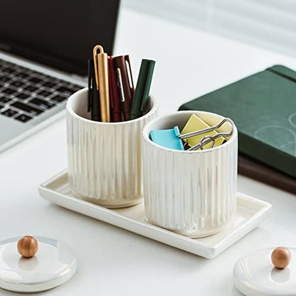 Ceramic Bathroom Canister Set with Coordinating Small Vanity Tray White | Qtip Holder Dispenser for Cotton Ball ,Swab,Pads , Floss, Bathroom Storage Jars with Lids White Small Tray