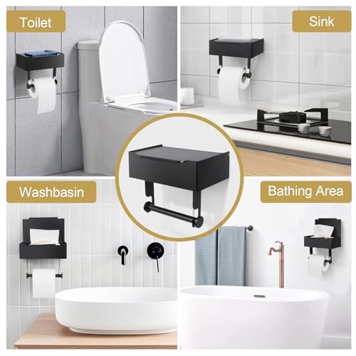 Matte Black Toilet Paper Storage Holder with Shelf for Wet Wipes, Sanitary Tampon, Trash Bags, Bathroom Wipes Holder Accessory Space Saver and Organizer