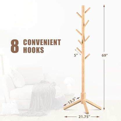 Haddockway 3 Adjustable Freestanding Wooden Coat Rack Stand 8 Hooks,Hallway - color: Natural, size: 1 PC