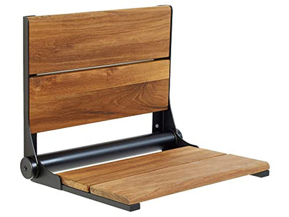 Teak Shower Seat - Contour Wood / Folding Wall Mount Bench for Inside Shower / ADA Safety Assist / 304 Stainless Steel / Matte Black / 26" x 16" - color: Matte Black, Teak, size: 26" x 16"