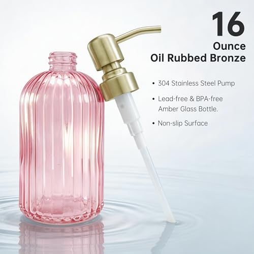 16 OZ Pink Glass Soap Dispenser,Clear Pink Stripe Bathroom Hand Soap Dispensers with Stainless Steel Gold Pump, Pink Kitchen Hand Soap Dispenser with Brushed Gold Pump - color: Pink+brushed Gold, size: 1-Pack