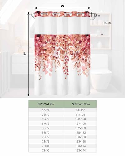 No Hook Shower Curtain and Snap in Liner Set, Red Eucalyptus Fabric Bathroom Stall Shower Curtains 48x72, See Through Mesh Top Window, Spring Summer Botanical Floral Leaves Country Hotel Style - color: Red, size: 48"W x 72"L (Pack of 1)