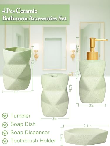 Ceramic Bathroom Accessories Set, 4-Piece Green Bathroom Set Complete with Soap Dispenser Set, Toothbrush Holder, Tumbler & Soap Dish – Bathroom Sets Accessories for Home, Apartment, Idea - color: Green
