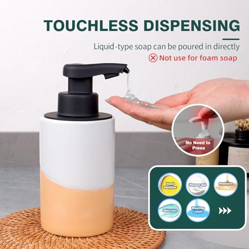 BosilunLife Automatic Soap Dispenser Ceramic Hand Free Soap Dispenser with Waterproof Pump Rechargeable Smart Electric Soap Lotion Dispenser Touchless for Kitchen Bathroom (White-Orange, Liquid Pump) - color: White-orange(liquid)