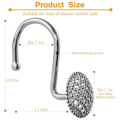 Pearlbee Chrome Shower Curtain Hooks, Round Beaded Design 12Pcs Zinc Alloy | Rustproof heavy duty, 4mm silver zinc alloy,Rrustproof, anti-drop, Smooth glide,Fits shower curtain & liner,Modern Decorative - color: Chrome