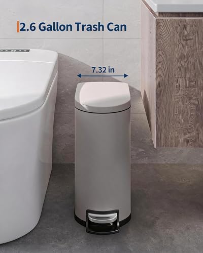 IDEALHOUSE 2.6 Gal/10L Bathroom Trash Can with Lid,Grey | Slim,Stainless Steel,for Narrow Gaps, Small Step-on Metal,Removable Inner Bucket, Soft Close - color: Grey