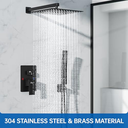 Hawkrown 10 Inch Luxury Rain Shower Faucet Set, Matte Black Shower System with Rainfall Shower Head and Handheld Spray, SUS304 Stainless Steel and Solid Brass Wall Mounted Shower Valve Trim Kit - color: Matte Black, size: 10 Inch