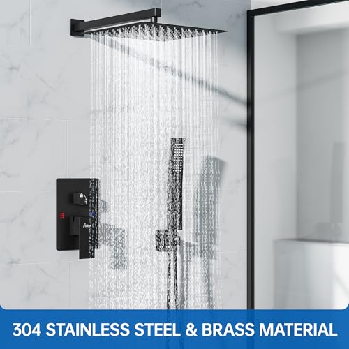 Hawkrown 12 Inch Luxury Rain Shower Faucet Set, Matte Black Shower System with Rainfall Shower Head and Handheld Spray, SUS304 Stainless Steel and Solid Brass Wall Mounted Shower Valve Trim Kit - color: Matte Black, size: 12 Inch