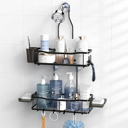 Hanging Shower Caddy Over Shower Head - No Drill Rustproof Shower Rack | Includes Soap Holder and Hooks for Shampoo, Conditioner, and Bathroom Essentials with Stable Storage in Any Shower Space - color: Black