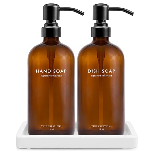 Vine Creations Amber Glass Soap Dispenser Set, Kitchen Soap Dispenser Set with Ceramic Tray, 16 oz Dish Soap and Hand Soap Dispensers with Stainless Steel Pump Decor (Amber Bottle/Matte Black) - color: Amber Bottle / Matte Black Pump