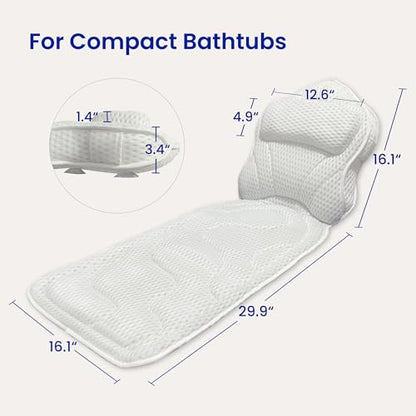 Bath Pillows for Tub Full Body, Large Mesh tub Pillow for Bathtub for Head, Neck and Back Support with Laundry Bag and Hanger for Quick Drying White