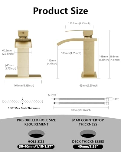 Brushed Gold Waterfall Bathroom Faucet 1-Handle Vanity Faucet | Stainless Steel Modern Bathroom Sink Faucet,Pop-Up Drain, Supply Lines 6-in Deck Plate, 1- or 3-Hole, NSF Certified - color: Light Gold