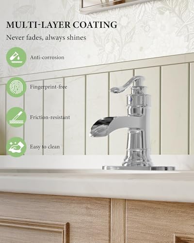 Bathroom Faucet Chrome Waterfall Bathroom Sink Faucets with Single Handle | Rustic Vanity Farmhouse RV Faucet Suitable for 1 or 3 Holes with Pop-up Drain Deck Plate Hose by Homevacious - color: Chrome
