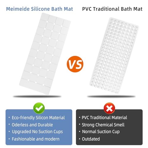 Bathtub Mat Non-Slip Silicone Soft Odorless Large Bath Mat No Suction Cups for Refinished,Reglazed and Textured Shower Mats Non Slip Extra Long Tub Mat (16x40inch White) - color: White