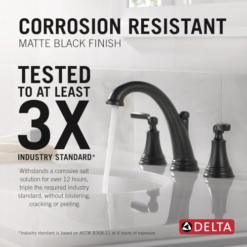 Delta Woodhurst Matte Black Bathroom Faucet 3 Hole, 8 Inch Widespread Bathroom Sink Faucet for Vanity, Metal Push-Pop Drain Assembly, Matte Black 3532LF-BLMPU - color: Matte Black