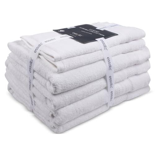 ESSELL 24/7 6 Piece White Bath Towel Set, 2 Bath Towels, 2 Hand Towels, 2 Washcloths, 100% Cotton, Durable, Quick Dry & Light Weight, Aurora Collection - color: White