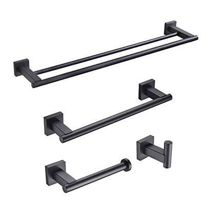 Miyili Matte Black 4-Piece Bathroom Hardware Kit Set Stainless Steel Wall Mount - Includes Double Towel Bar, Hand Towel Rack, Toilet Paper Holder, Robe Hook, BS02B4 - color: Matte Black