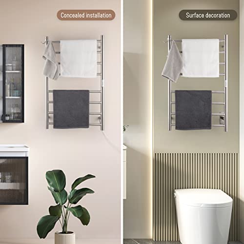 8-Bar Wall-Mounted Towel Warmer, Plug/Hardwired, 3 Timers | can be surface-mounted or flush-mounted, with wiring/cable exit available on either the right or left side,Brushed