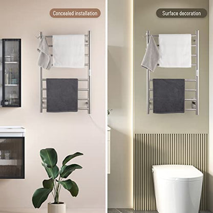 8-Bar Wall-Mounted Towel Warmer, Plug/Hardwired, 3 Timers | can be surface-mounted or flush-mounted, with wiring/cable exit available on either the right or left side,Brushed