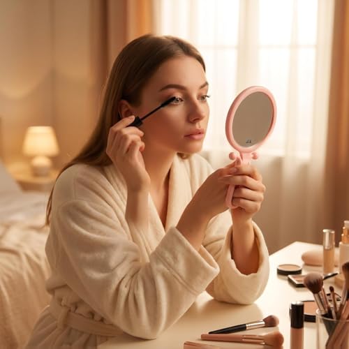 Magnifying Handheld Mirror Double Sided, Travel Makeup Hand Mirrors with 1X 2X Magnification, Small Hand/Desk Vanity Mirror (1Pc Pink) - color: 1pc Pink