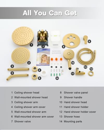 Iriber Brushed Gold Shower head with Handheld,8"+10" Rain Shower Faucet Set | 10 Inch Ceiling +8 Inch Wall Mount Dual Shower Heads,Push Button Diverter Shower System,Pressure Balance Valve - color: Brushed Gold 06