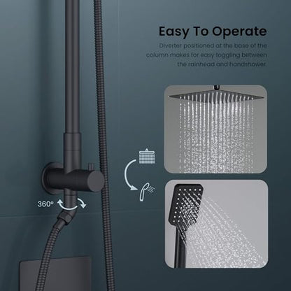 KIBI Cube 2-Function Wall Mounted Rain Shower Column | Bathroom Shower Faucet System with Solid Brass Rough-In Valve, 10" Rain Shower Head | Easy Temperature Control (Matte Black, KSC404) - color: Matte Black