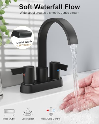 Matte Black Bathroom Faucet,4 Inch Centerset 2-Handle Waterfall | Includes Pop-Up Drain,24-Inch Supply Lines,Mounting Hardware,SUS304 Stainless Steel Construction,And A 360° Swivel Spout - color: Matte Black