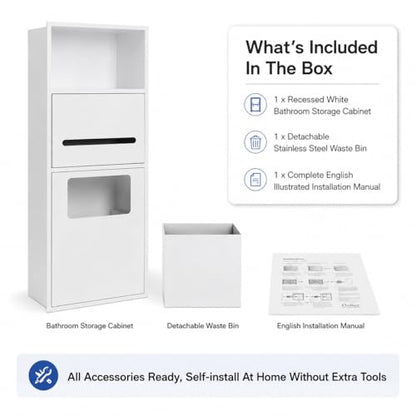 Recessed Toilet Paper Holder, Stainless Steel Shower Nich, Waterproof Bathroom Niche, Built-in Hidden Trash Can Tilt Out Trash Bin Cabinet for Kitchen Living Room Bedroom Hotel Residential (White) - color: White