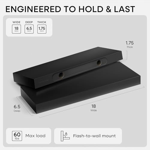 Black Floating Shelf 18 inch, High End Solid Real Wood 18inch Bathroom Floating Shelves for Wall Mounted, Black Wooden 18in Floating Shelves, Heavy Duty Bracket, 18 X 6.5 X 1.75 in, Set of 2 - color: Modern Black - Rich Neutral Satin, size: 18 inch