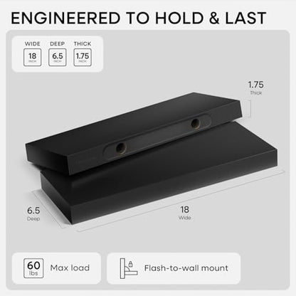 Black Floating Shelf 18 inch, High End Solid Real Wood 18inch Bathroom Floating Shelves for Wall Mounted, Black Wooden 18in Floating Shelves, Heavy Duty Bracket, 18 X 6.5 X 1.75 in, Set of 2 - color: Modern Black - Rich Neutral Satin, size: 18 inch