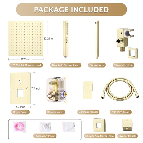 Rain Shower System, 12''Square Rain Head,2-Spray Handheld,Gold | 2 Spray Functions,Anti-Tangle Explosion-proof PVD Hose,Balance Temp Valve,Rust-proof & Scratch-resistant - color: Brushed Gold, size: 12 Inch