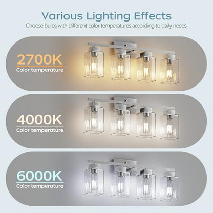 4-Light Bathroom Light Fixtures, Brushed Nickel Modern Vanity Lights, Bathroom Lighting Fixtures Over Mirror, Square Design Farmhouse Wall Sconces with Clear Glass Shades - color: Brushed Nickel, size: 4-Light
