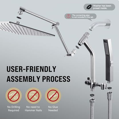 All Metal 10 Inch Rain Shower Head with Handheld Built-in Power Wash Mode, High Pressure Waterfall Rainfall Square Shower Heads with 16" Adjustable Extension Arm, Dual Showerhead(Chrome) - color: Chrome, size: 10 Inch