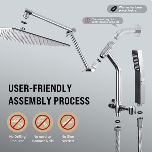 All Metal 12 Inch Rain Shower Head with Handheld Built-in Power Wash Mode, High Pressure Waterfall Rainfall Square Shower Heads with 16" Adjustable Extension Arm, Dual Showerhead(Chrome) - color: Chrome, size: 12 Inch