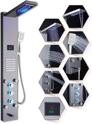 ELLO&ALLO LED Stainless Steel Bathroom Shower Panel Tower System, Rainfall Waterfall Shower Head Rain Massage System with Body Jets, Brushed Nickel - color: Brushed Nickel