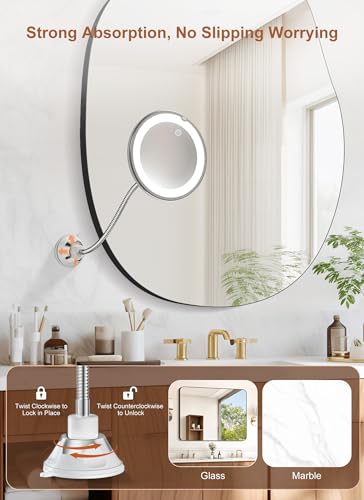Brightown 10x Magnifying Mirror with Light,Flexible Gooseneck Make up Mirror with Lights and Magnification, Battery Operated with Suction Cups for Wall Bathroom Silver 3 Lighting | Wall-Mounted Lighted Vanity Makeup Mirror, Cordless Battery Operated LED M