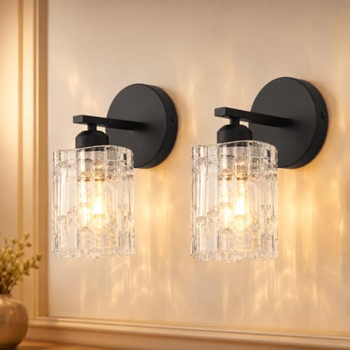 2-Pack 1-Light Modern Matte Black Crystal Wall Sconces, Hardwired Indoor Bathroom Vanity Light Fixtures, Crystal Over Mirror Lamps for Living Room, Bedroom, Hallway - color: Matte Black, size: 1 Light Set of2