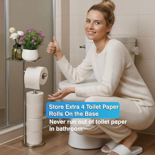 Toilet Paper Holder with Shelf, Freestanding Tissue Paper Stand with Storage Space for Extra 4 Toilet Paper Rolls (Stainless Steel Base, Brushed Nickel) - color: Brushed Nickel