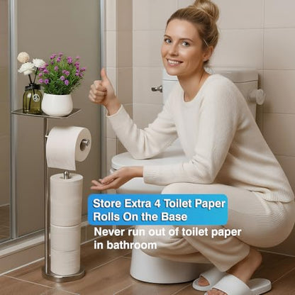Toilet Paper Holder with Shelf, Freestanding Tissue Paper Stand with Storage Space for Extra 4 Toilet Paper Rolls (Stainless Steel Base, Brushed Nickel) - color: Brushed Nickel