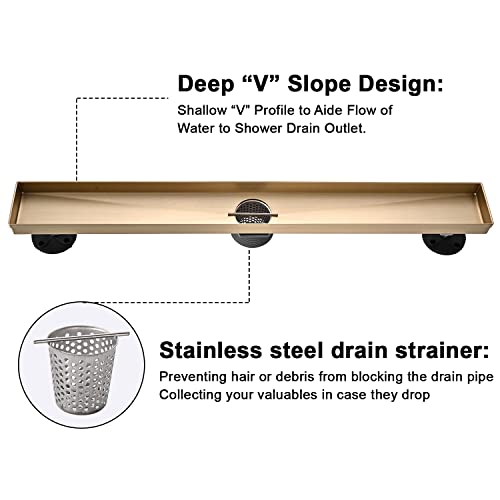 AVSIILE Linear Shower Floor Drain, Brushed Gold 30 Inch 304 Stainless Steel Bathroom Drains Kit, Rectangular Shower Trench Drain with Reversable Tile-in Pattern Drain Cover & Hair Catcher - color: Brushed Gold, size: 30 Inch